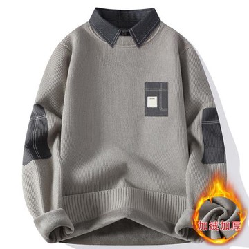 假兩件衛衣男士冬季拼接襯衫領內搭上衣帶領子加絨加厚針織打底衫