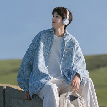 天藍色小香風千鳥格襯衫男長袖高級感巴洛克外套日系cityboy襯衣