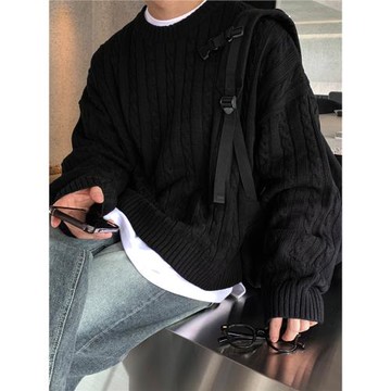 SSUMENAM「極簡風 麻花紋理」黑色毛衣男秋冬極簡內搭針織衫外套