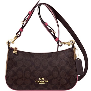 COACH 巧克力色大C PVC拼接撞色斜背包