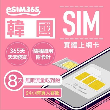 SIM卡｜eSIM｜網卡 【韓國上網卡】8天無限流量吃到飽 韓國雙電信韓國SIM卡