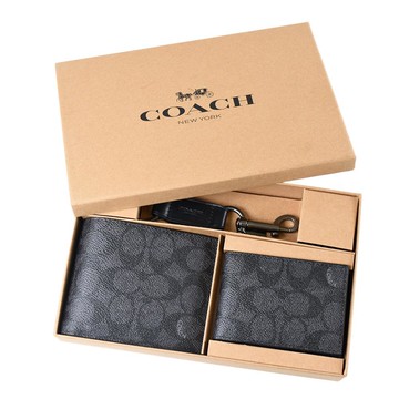 COACH 男款 緹花LOGO防刮短夾證件夾鑰匙圈禮盒組-灰黑色