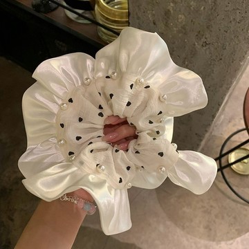 臺灣/✨法式緞面波點珍珠裙擺大腸發圈高級感紮頭發高彈力丸子頭繩