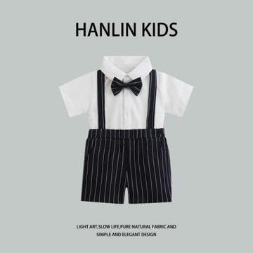 跨境兒童禮服夏裝新款韓版短袖背帶褲套裝男童主持合唱表演服長袖