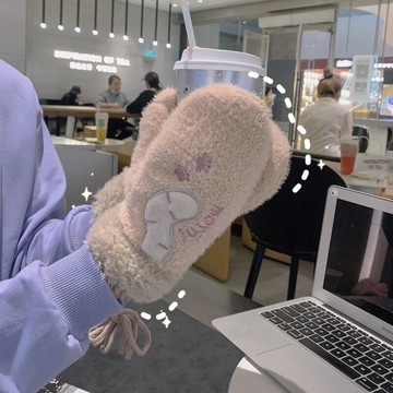 毛絨棉手套冬季女加絨加厚保暖騎車可愛騎行防寒掛脖連指新款學生