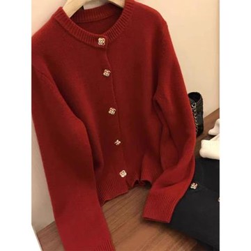 歐貨別致絕美紅色針織開衫女春秋法式復古小香風新年戰袍毛衣外套