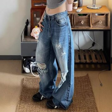 La Belleza美式破洞大腿割破貓抓鬚造型寬管褲顯瘦水洗刷色闊腿牛仔褲