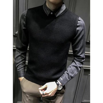 秋冬男士2025新款假兩件套毛衣男冬季加絨加厚商務上衣針織男裝