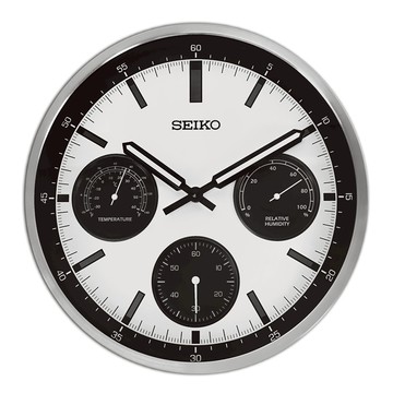 SEIKO 精工 / 33cm 熊貓錶造型 溫度溼度 滑動式秒針 餐廳客廳臥室 掛鐘 - 白黑x銀框 ＃QXA823S/SK048
