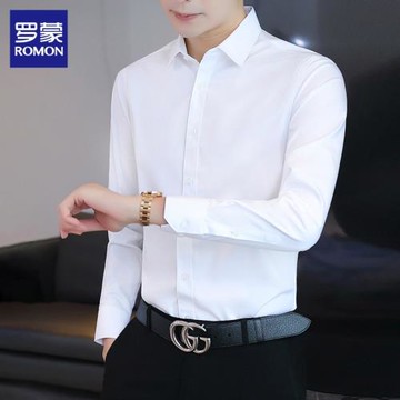 羅蒙白色長袖襯衫男士寬松免燙寸衫春季新款休閑商務襯衣外套男潮
