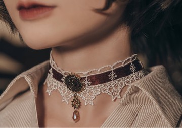 蒸汽朋克 聖誕星星 暗紅緞帶 黑白蕾絲 choker 脖圈頸飾 項鏈