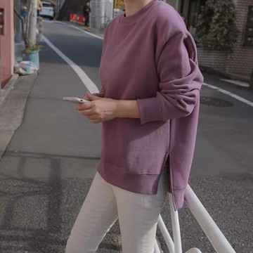 前短后長紫色衛衣女開叉韓版寬松大碼ins休閑長袖圓領套頭上衣