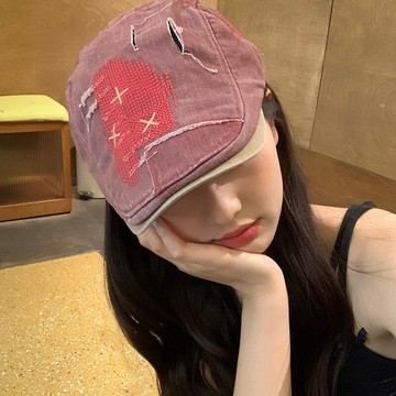 水洗做舊牛仔前進帽女春夏季2024新款復古休閑破洞貝雷帽報童帽子