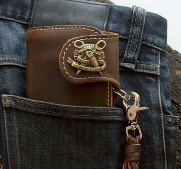 長錢包 鏈 黃銅 真皮棕色 貓頭鷹