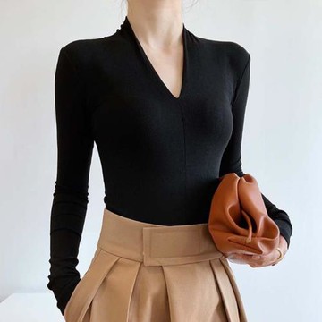 黑色v領打底衫女2025新款秋冬季高級感皮衣內搭加絨加厚緊身上衣