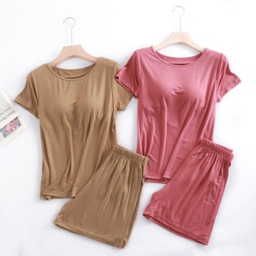 莫代爾女帶胸墊短袖睡衣套裝五指杯大碼免文胸半袖寬松短褲家居服