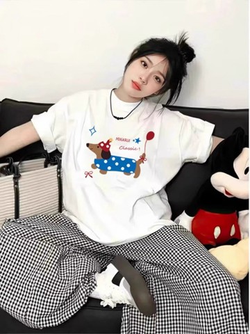 小狗純棉短袖印花T恤夏季新款寬鬆設計ins 女生上衣 情侶慵懶感T恤 圓領短袖 大學t