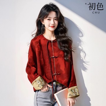 初色 新中式國風盤扣緹花圓領長袖襯衫上衣女上衣-紅色-10239(M-2XL可選)