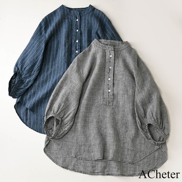 【ACheter】圓領棉麻條紋格子寬鬆弧形下擺顯瘦褶皺七分袖短版上衣# 121575(現貨+預購)