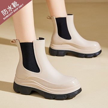 【限量現貨】【35-41全尺碼】短靴．街頭漆皮皮革拼接切爾西防水厚底雨靴．白鳥麗子