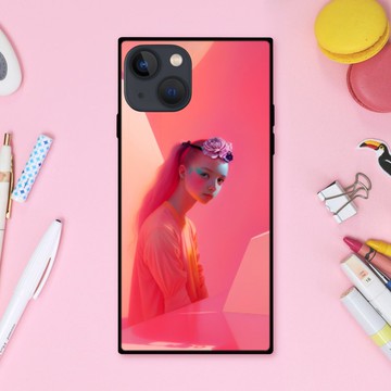 夢幻可愛珊瑚粉童話女孩與花朵 方形手機殼【強化玻璃處理】iPhone16 適用