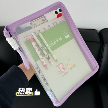 臺灣/✨文件袋學生手提卡通帶夾板硬殼作業收納袋透明提手拉鏈試卷文件夾