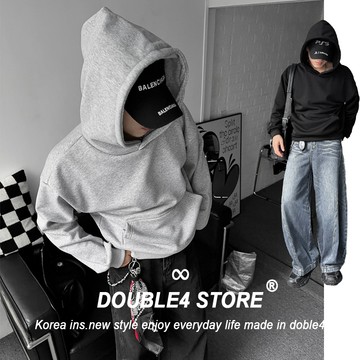 【DOUBLE4】BOXY 短版帽Tee 不掉毛 重磅 素色 寶寶絨毛 clean fit 大帽 短寬版帽t 8380