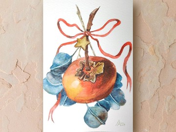 柿子尤加利畫原創水彩藝術水果植物藝術品