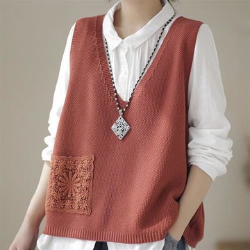 【米蘭精品】現貨+預購 法式針織背心無袖背心削肩上衣百搭大碼休閒女裝-V領蕾絲勾花上衣7色74mx82
