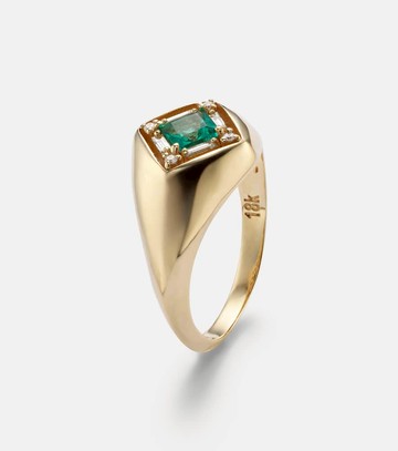 Suzanne Kalan Signet Mini 18kt gold ring with emerald and diamonds