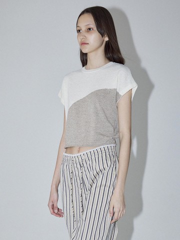 Two Tone Drawstring Knit Top [White]