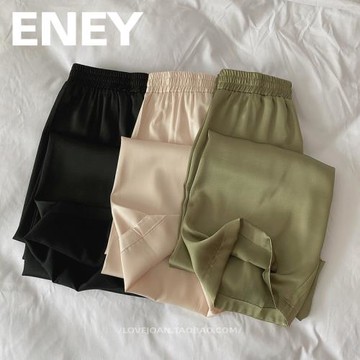 余單牛貨！氣質純色綢緞直筒褲~仿真絲珠光絲滑高腰顯瘦闊腿長褲