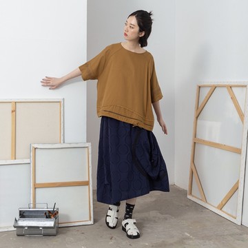 【MOSS CLUB】大圓圈提花圓弧拼接抽繩長裙 藍 黑