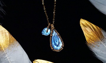 純手工製作進口14K包金繞線孔雀羽毛月光石項鍊