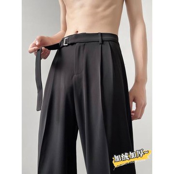 那不勒斯垂感飄帶西褲男冬季加絨高級大碼寬松直筒闊腿休閑長褲子