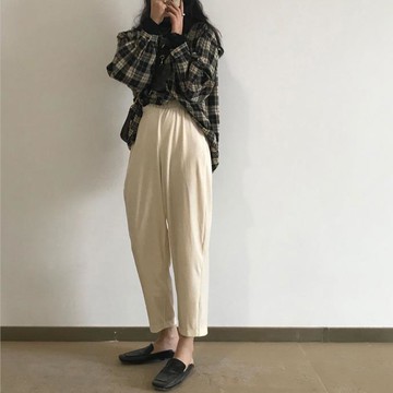 chic寬松休閑褲高腰哈倫褲百搭純色長褲女學生燈芯絨褲子1入