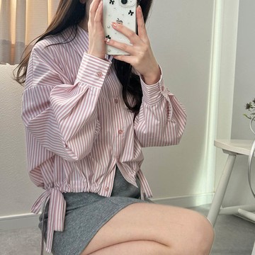 日本 GRL - 腰綁帶修身俐落短版條紋襯衫-粉 (F)