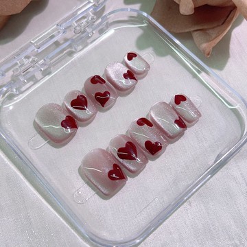 🎀純手工穿戴甲🎀『怦然心動』手繪愛心貓眼純手工穿戴甲光療美甲可拆卸假指甲貼新年美甲貼片顯白美甲片高級感穿戴甲 8UQB