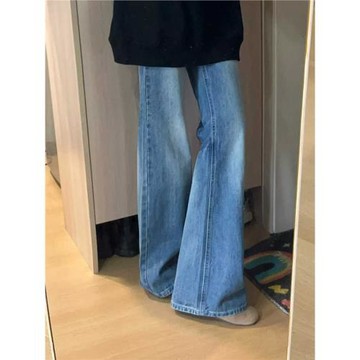 藍色直筒微喇牛仔褲女2026新款大碼胖mm高腰秋季款彈力闊腿喇叭褲