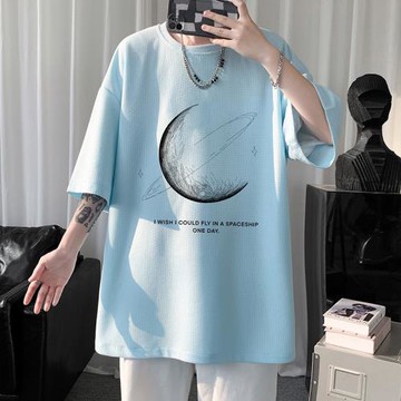 奶藍色美式復古華夫格t恤男短袖高街夏季潮牌設計感小眾月球半袖