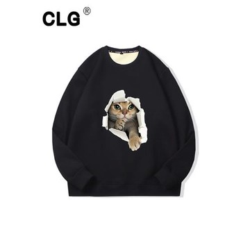 香港潮牌破墻貓貓設計感美式圓領衛衣男士春秋冬新款重磅加絨外套