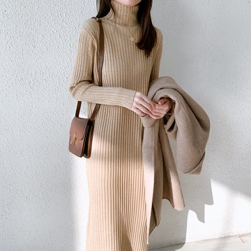 網紅長款高領加厚毛衣裙2020年秋冬法式過膝內搭打底針織連衣裙女