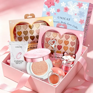 LINE獨家禮物【UNICAT 變臉貓】玩美養膚禮盒 光彩氣墊粉餅+桃花盛開+茶醉愉悅 20色眼影盤各一+氣墊補充包+愛心唇頰霜(蜜桃橘)+護手霜25ml(3款選一)