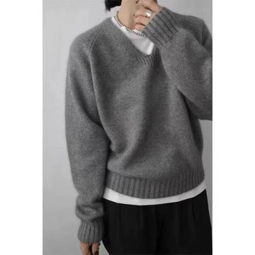 韓系慵懶寬松羊絨v領針織衫女秋冬短款套頭毛衣復古打底衫上衣厚