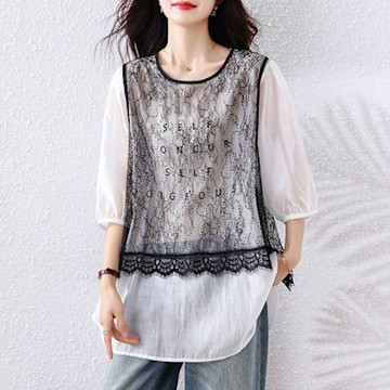 【ALLK 歐楷】新品 假兩件蕾絲上衣 白色(尺寸L-XXL/中大尺碼/涼爽/透氣)
