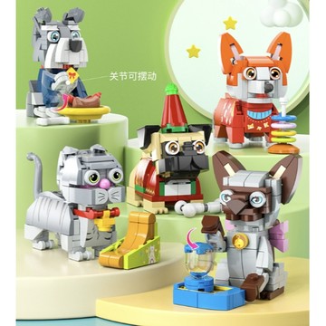 ⚡【隔日到貨】動物萌寵派對拼裝積木（柯基/英短藍貓）❤｜立體仿真貓狗汽車模型，辦公桌紓壓擺件，貓奴狗奴必入小禮物！🎁