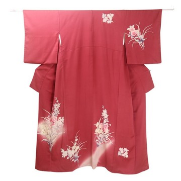 日本古著訪問著和服 | 雅致草花紋樣 | 紅色・深玫瑰色