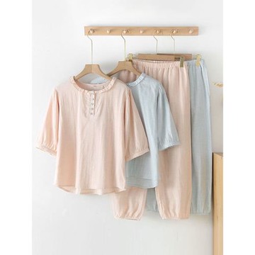 七分袖睡衣女款夏季純棉中袖長褲全棉薄款夏天可外穿家居服套裝