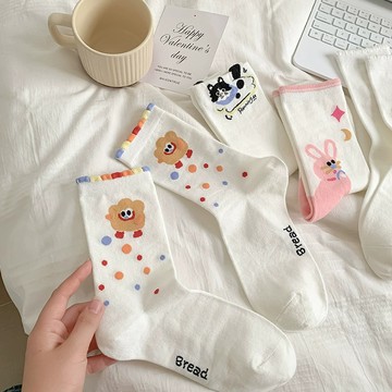 D507 卡通可愛米白色襪子中筒襪貓咪兔子學生堆堆襪