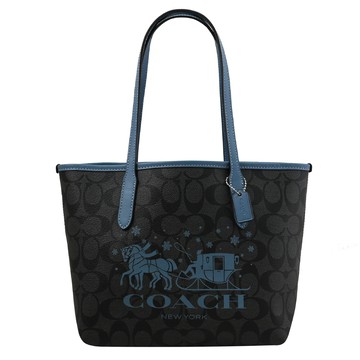 COACH CM183 馬車LOGO印花手提肩背小托特包.黑灰/藍